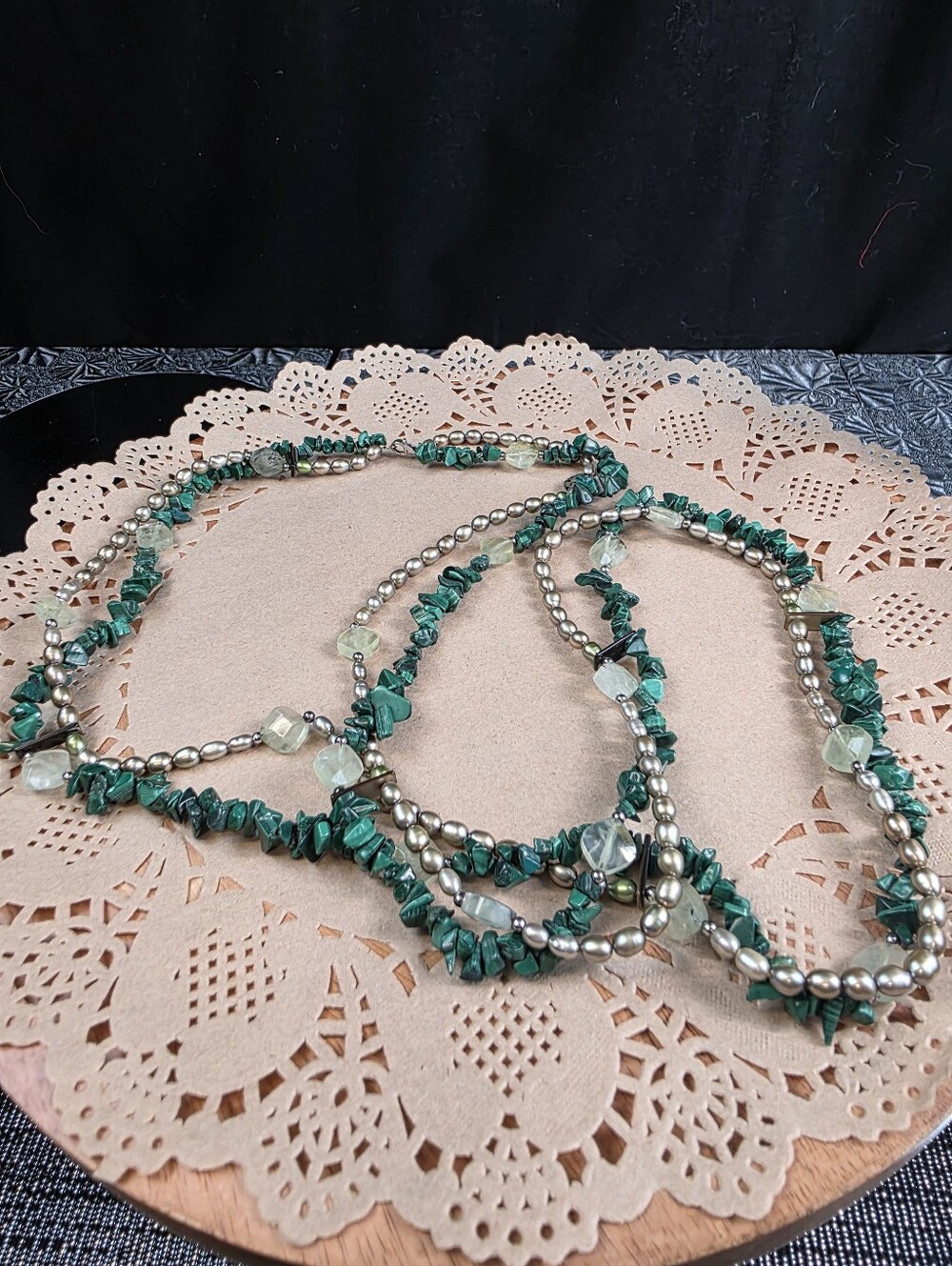 VAL 925 Green Malachite & Fresh Water Pearls Long Necklace